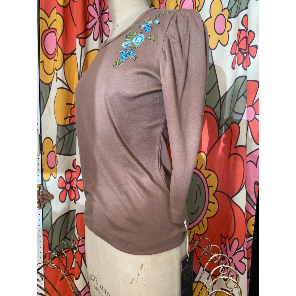 vintage 1970s puff sleeve applique top brown 70s t-shirt small gathered shoulder - Picture 3 of 8